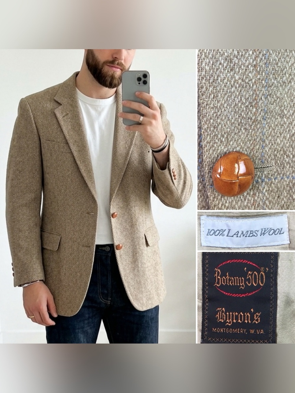 Vintage Men’s 42R Lambswool Tweed Plaid Tan Blazer Jacket Bespoke Sport Coat